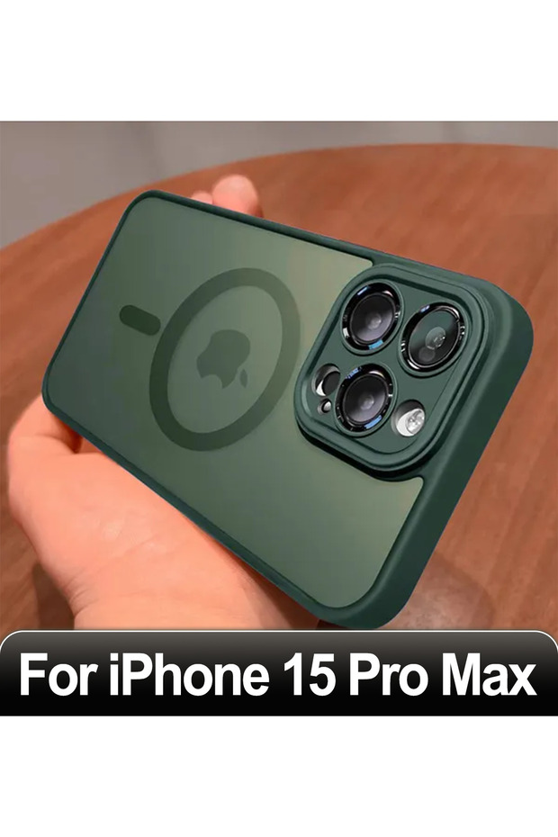 جراب شحن لاسلكي مغناطيسي مقاوم للصدمات صلب لهاتف iPhone 15 ProMax باللون الأخضر غير اللامع