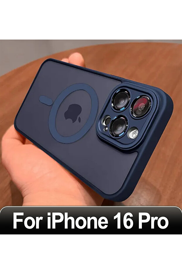 جراب شحن لاسلكي مغناطيسي مقاوم للصدمات صلب لهاتف iPhone 16 Pro أزرق داكن غير لامع