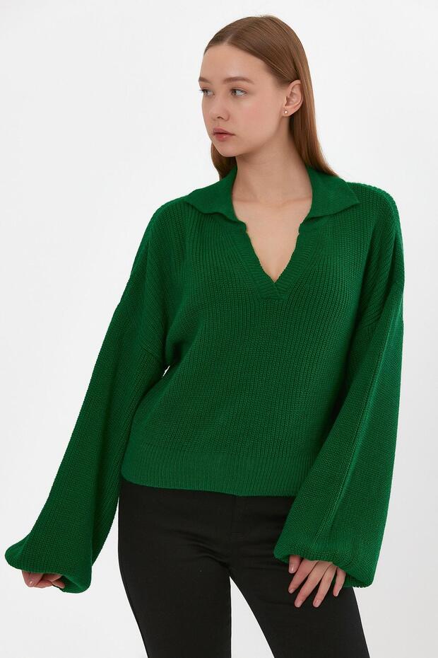 Balloon Sleeved Polo Neck Sweatshirt (B22-5756)