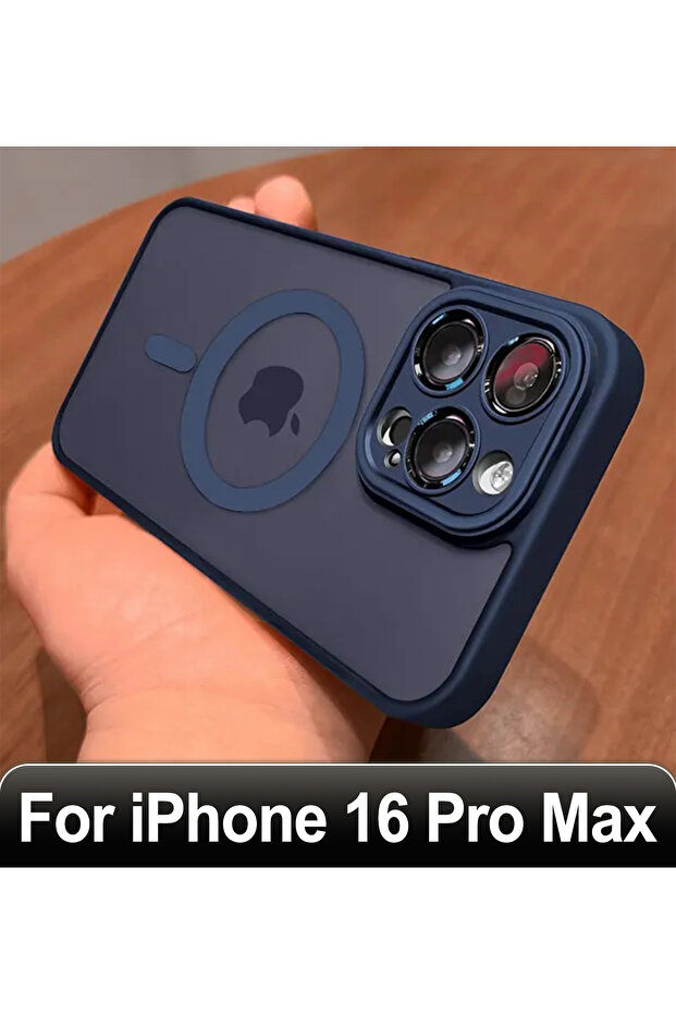 جراب شحن لاسلكي مغناطيسي مقاوم للصدمات صلب لهاتف iPhone 16ProMax أزرق داكن غير لامع