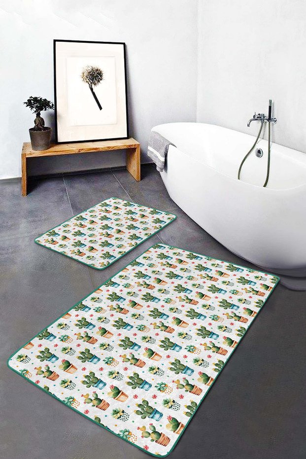 Cactus Patterned Green Blue Colored 2-Piece Non-Slip Base Washable Bath Mat Set