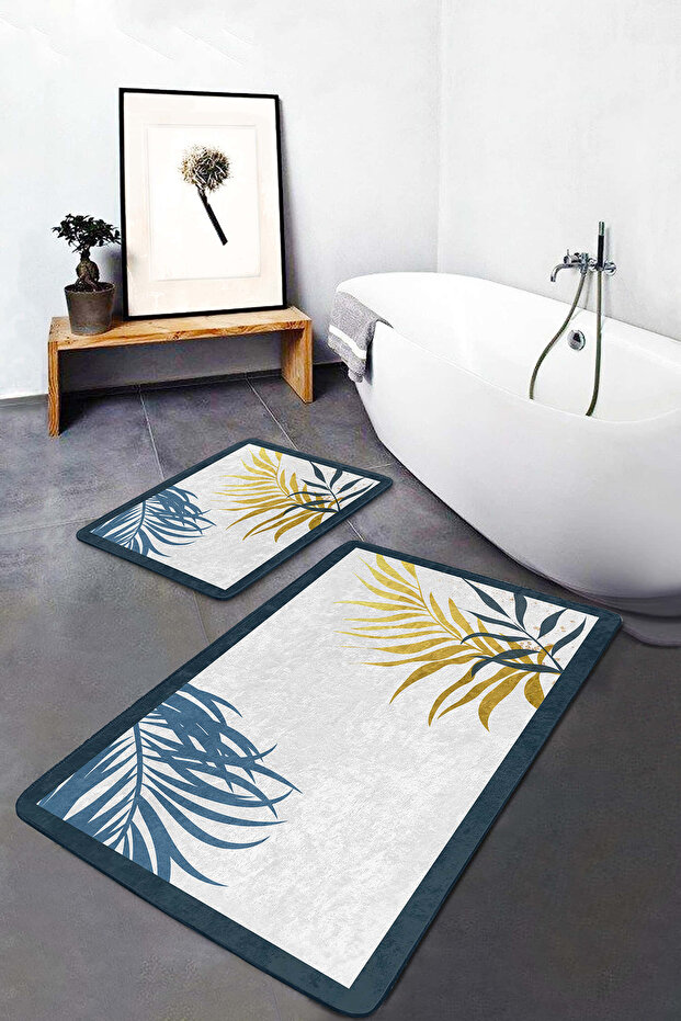 Yellow Blue Tropical Leaves Non-Slip Based Washable Bath Mat Set of 2
