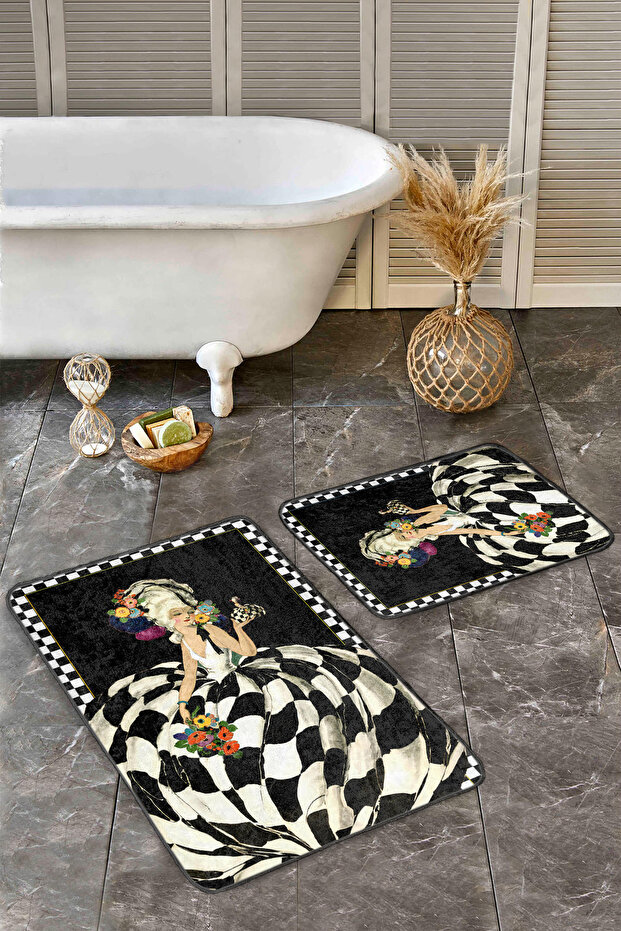 Black and White Checkered Floral Woman Figured Non-Slip Base Washable 2-Piece Bath Mat Set