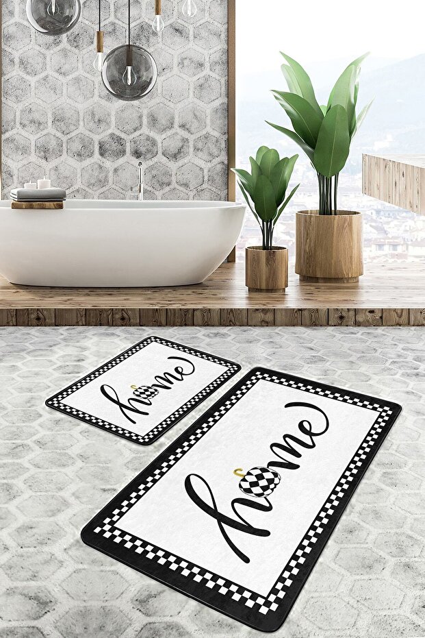 Black and White Framed on the Floor Motif Home Written Pattern Classic Simple & Stylish 2-Piece Bathroom Mat Set
