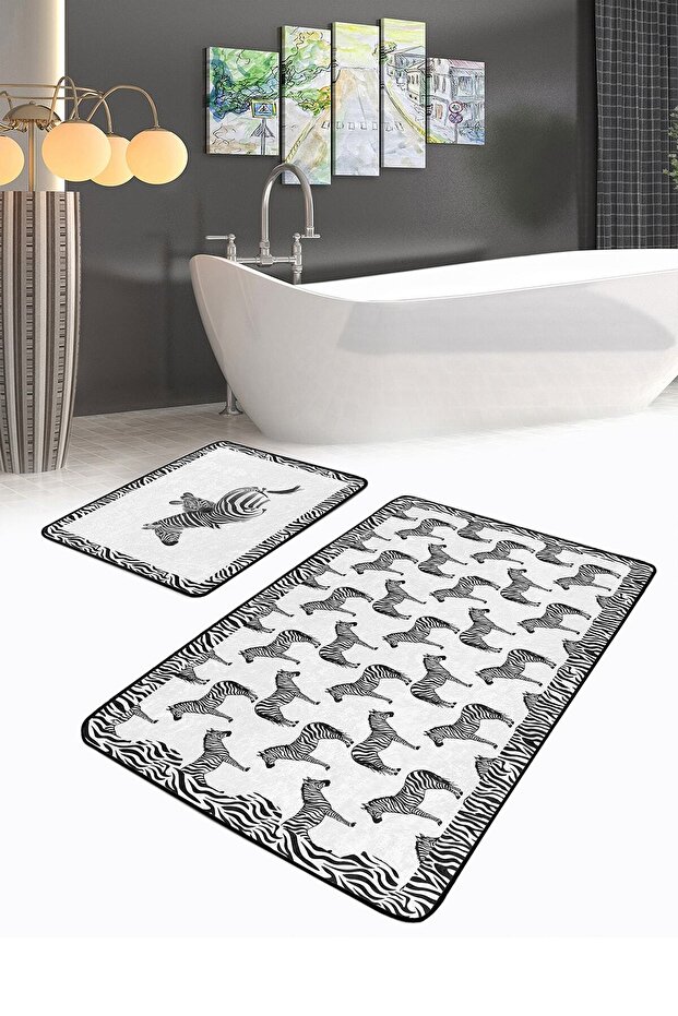 Black and White Zebra Patterned 2-Piece Bathroom Rug Set & Kitchen Mat Set