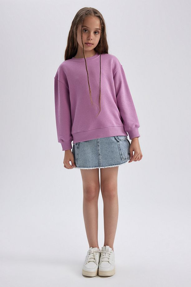 Kız Çocuk Lila Relax Fit Bisiklet Yaka Pamuklu Basic Düz Okul Sweatshirt A2797A824AU - 5