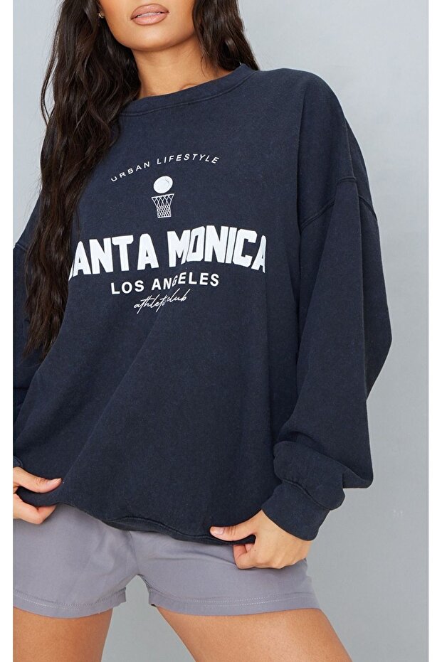 Santa Monica Los Angeles Sweatshirt - Navy Blue Printed Oversize Crew Neck