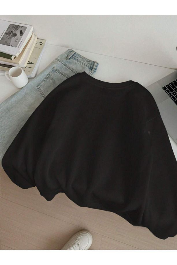 Kurdela Leopar Baskılı Siyah Bisiklet Yaka Sweatshirt - Oversize Unisex Kalın Kışlık - 2