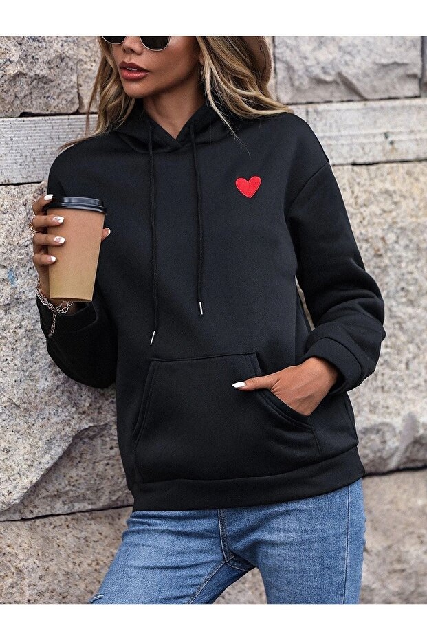Minimal Kalp Desen Sweatshirt - Siyah Baskılı Oversize Kapüşonlu - 4