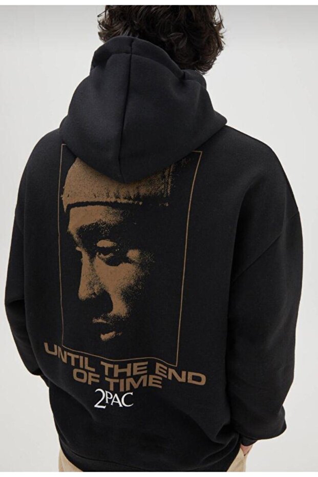 Tupac Baskılı Oversize Kapüşonlu Sweatshirt. - 2