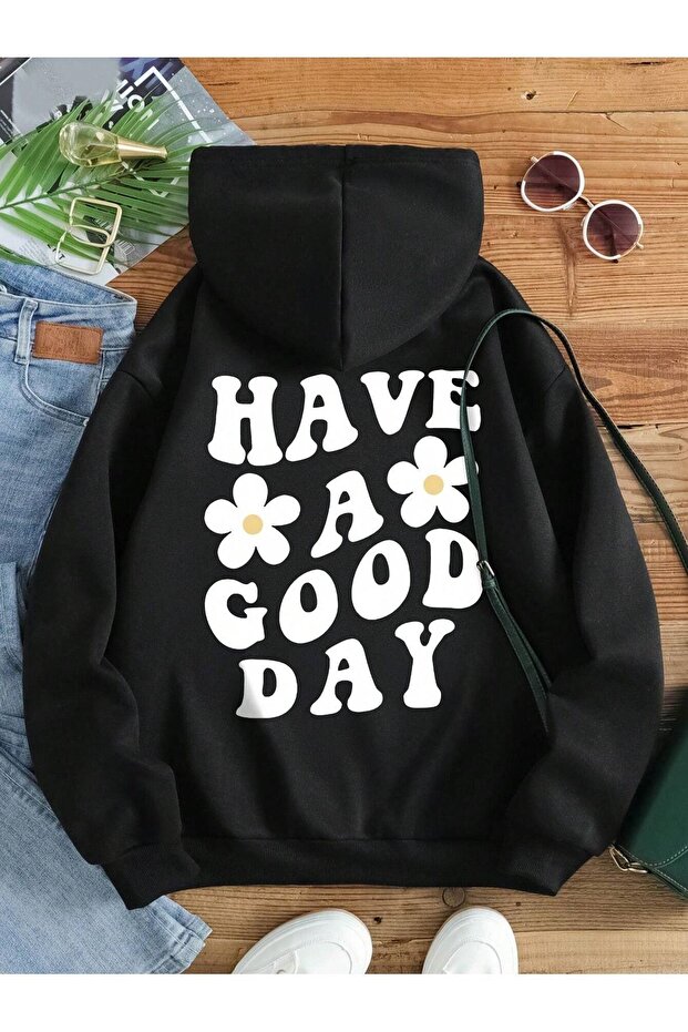 Good Day Daisy - سويت شيرت شتوي بغطاء للرأس مطبوع باللون الأسود
