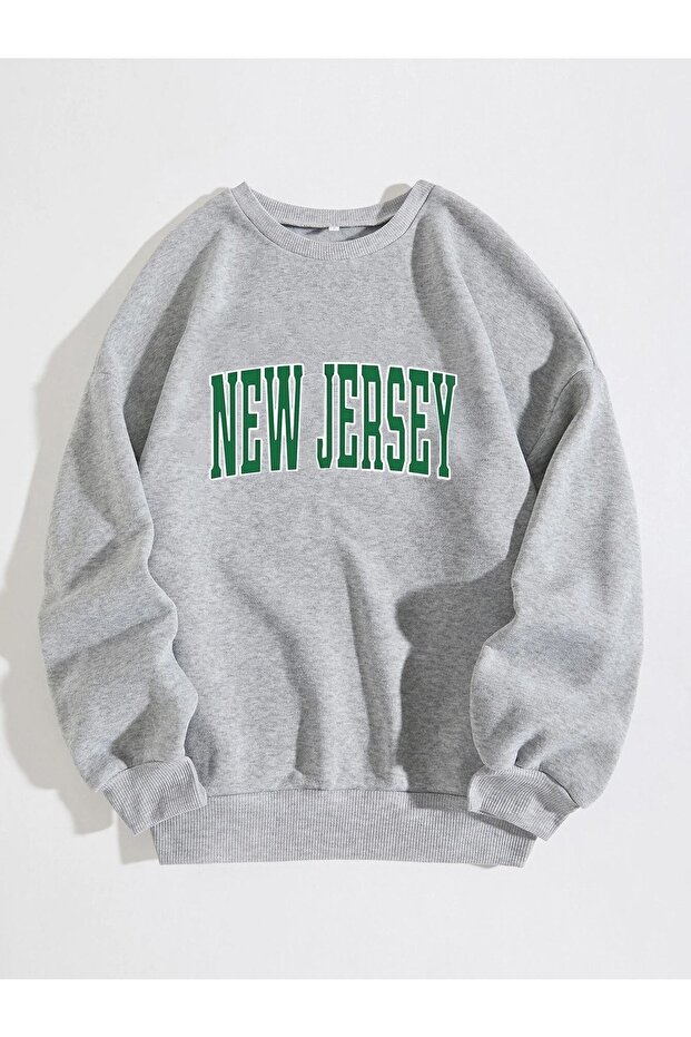 Unisex Gray Oversize New Jersey Printed Crew Neck Sweatshirt