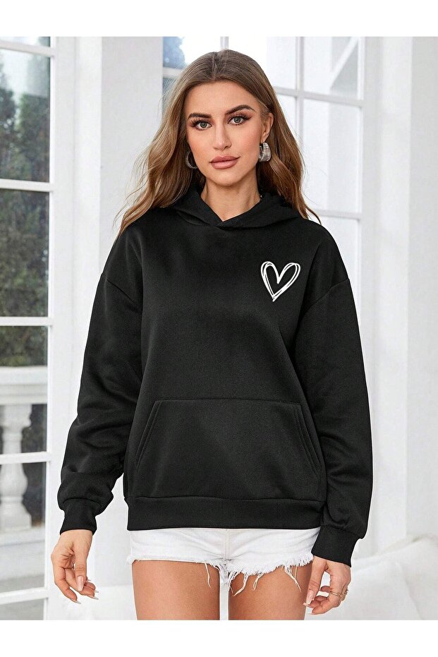 Heart Logo Sweatshirt - Black Printed Oversize Hoodie