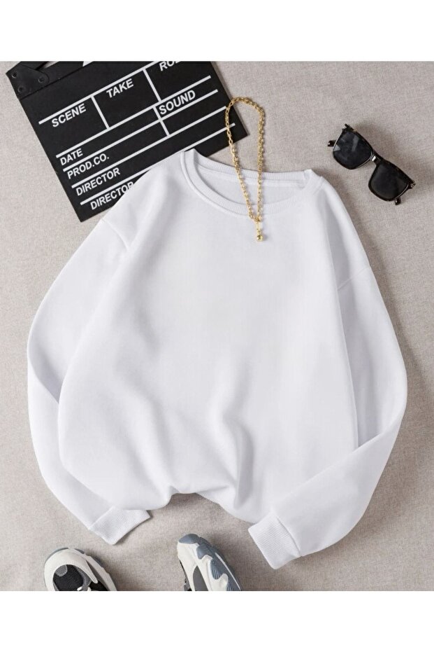 Unprinted Plain Sweatshirt - White Thick Winter Raised Long Sleeve Oversize Crew Neck