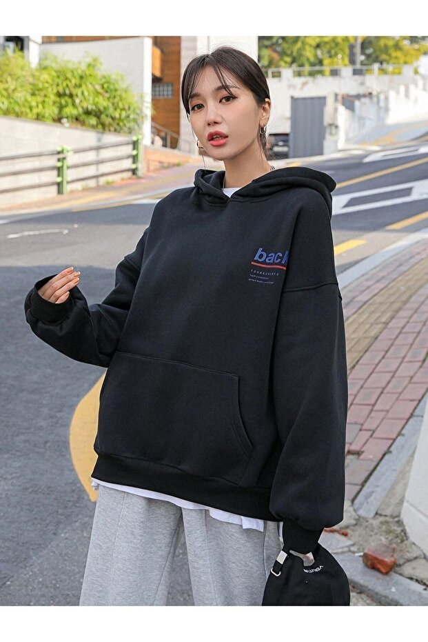 Back Sweatshirt - Siyah Baskılı Oversize Kapüşonlu - 1