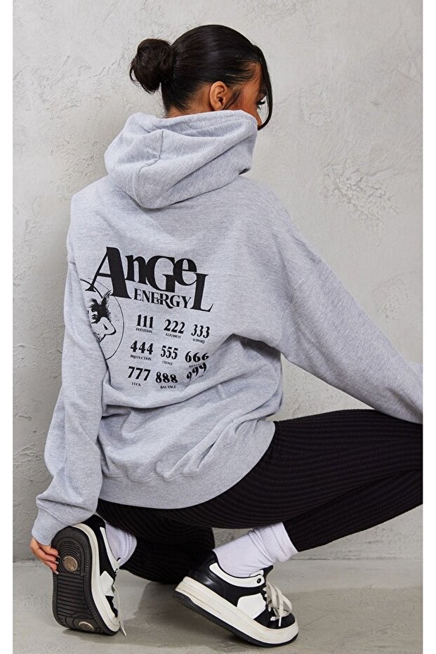 Angel Energy Sweatshirt - Gray Printed Oversize Hoodie