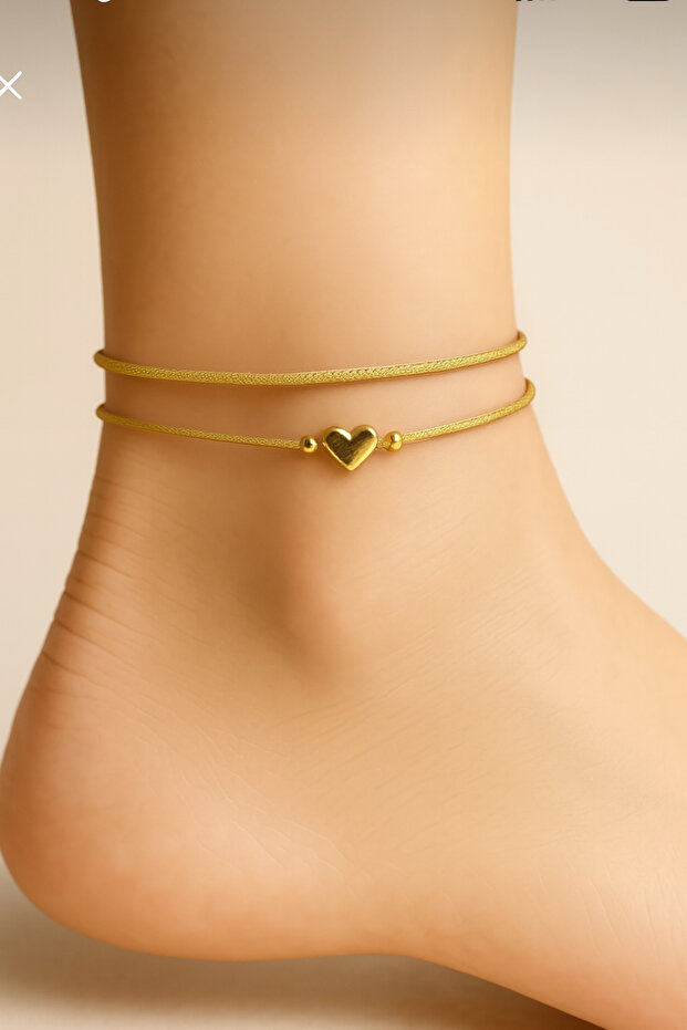 2-Piece Gold Heart-Shaped Gold Rope Lucky Anklet - Does Not Tarnish