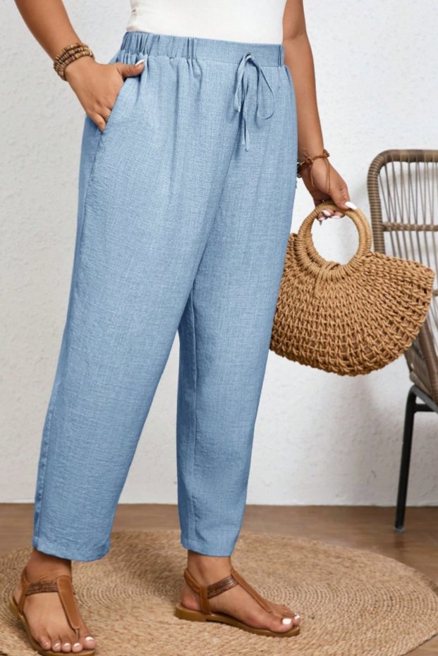 Women's Summer Large Size Synthetic Linen High Waist Elastic Narrow Leg Mom Pants C611