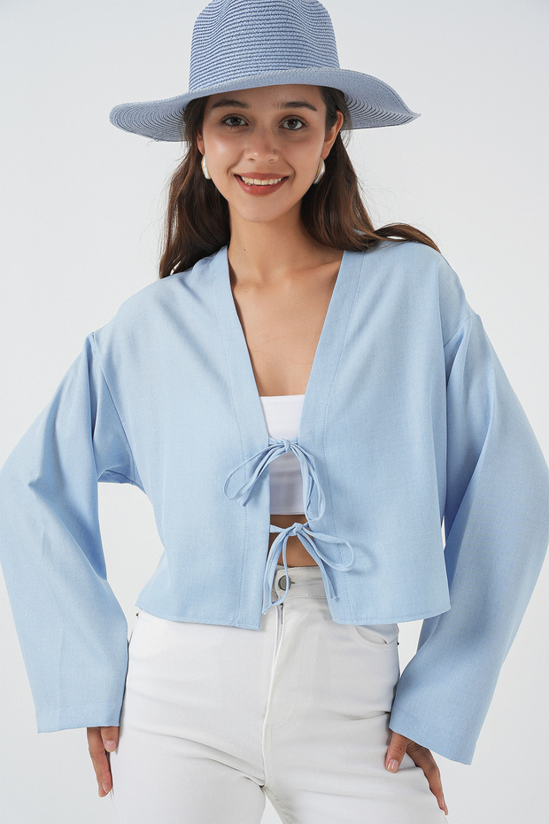 Önü Bağlamalı Keten Kimono 960 - Mavi - 4