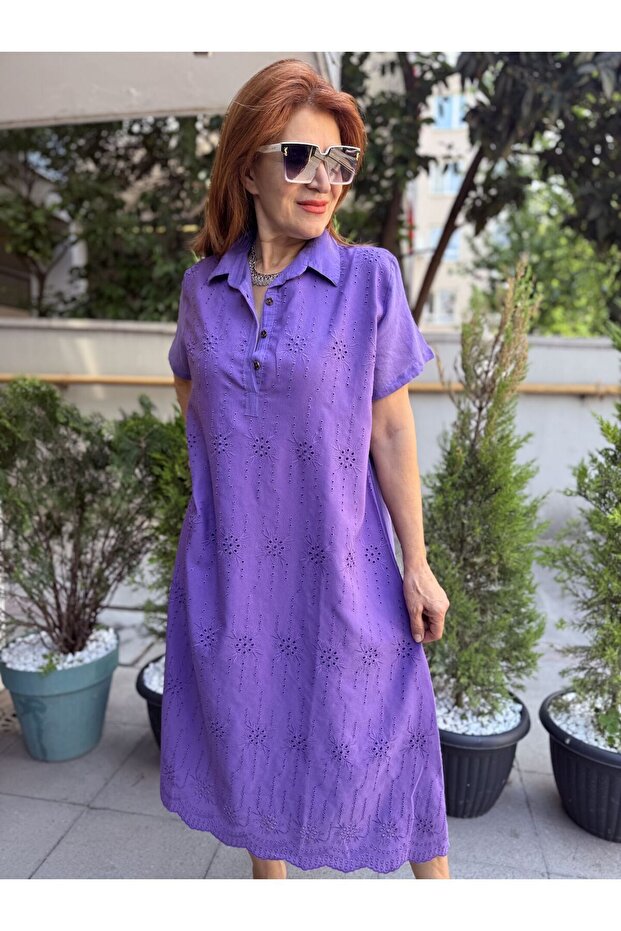 Brode Düğmeli Elbise Mor - 2
