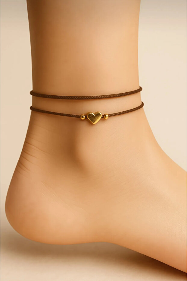 2-Pack of Gold Heart-Shaped Brown Rope Lucky Anklets - Does Not Darken