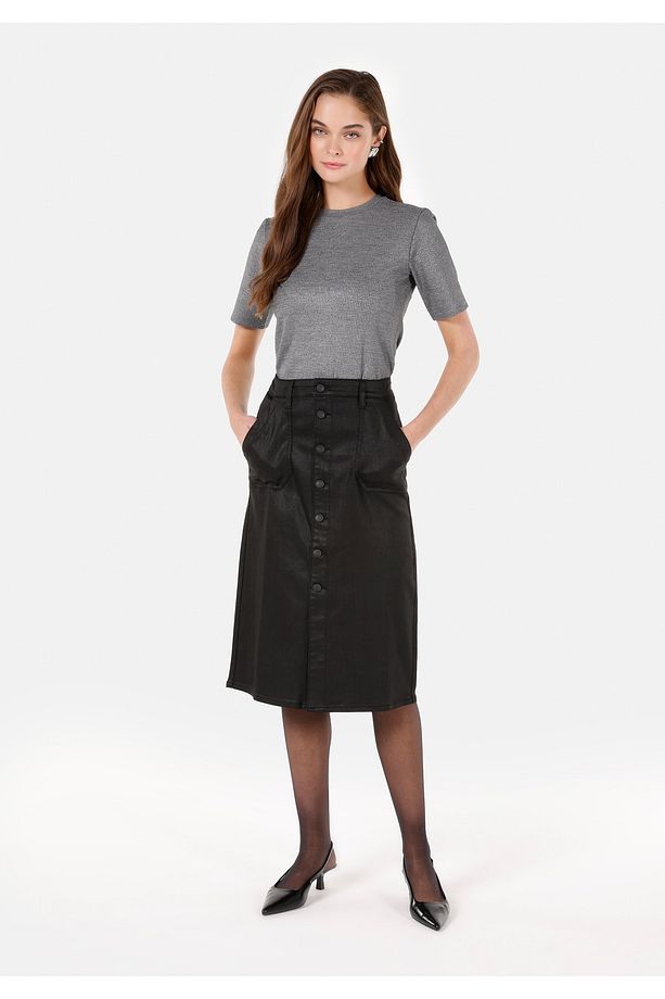 Slim Fit Yuvarlak Yaka Örme Düz Kadın Gri Kısa Kol Tişört - 3