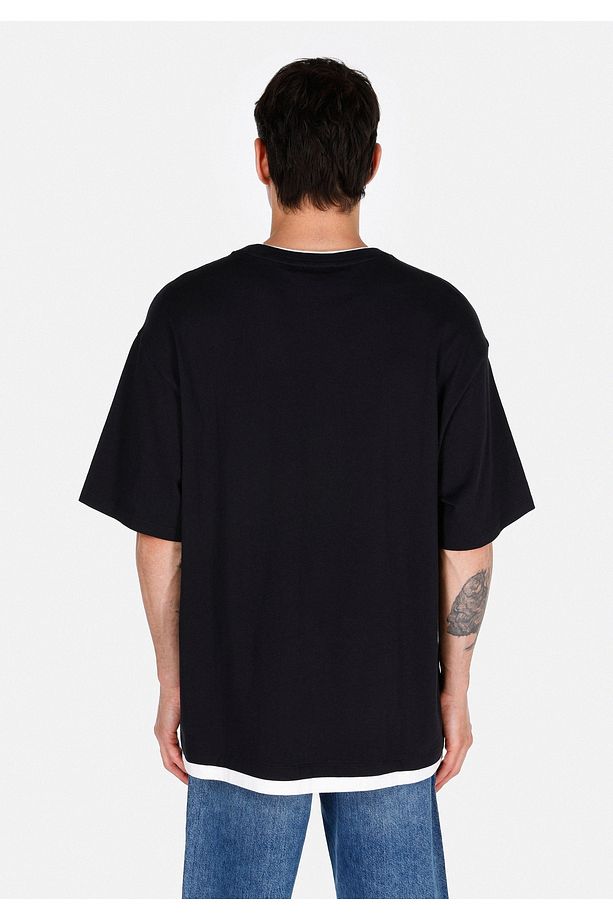Oversize Fit Pamuklu Yuvarlak Yaka Düz Erkek Siyah Kısa Kol Tişört - 2