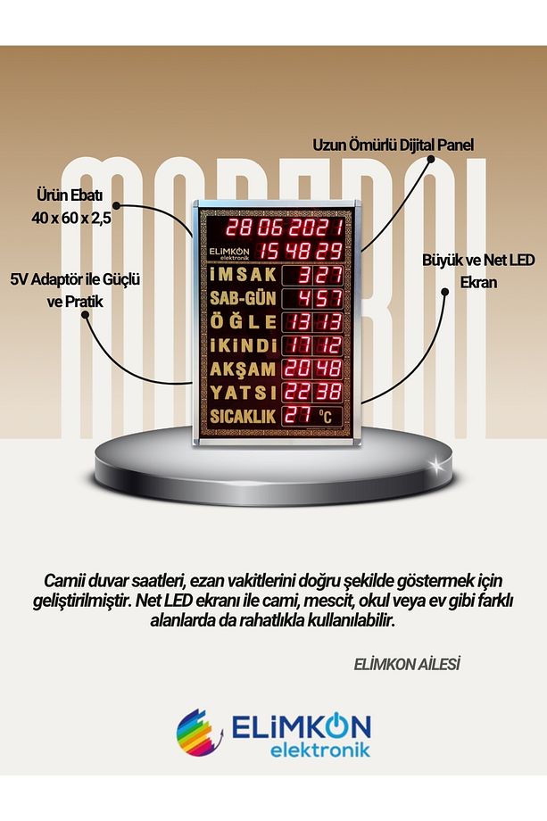 VAKİTMATİK DİJİTAL İMSAKİYE CAMİİ SAATİ BÜYÜK BOY MODEL ALTIN - 7