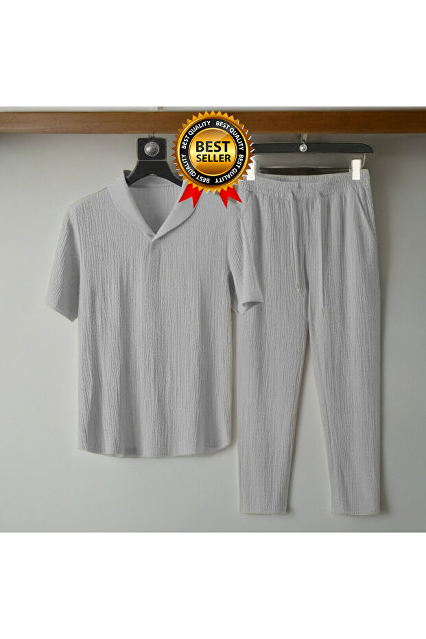Alaçatı Style Men's Wrinkled Crinkle Fabric Summer Lycra Polo Collar Tshirt and Sweatpants Suit Combination