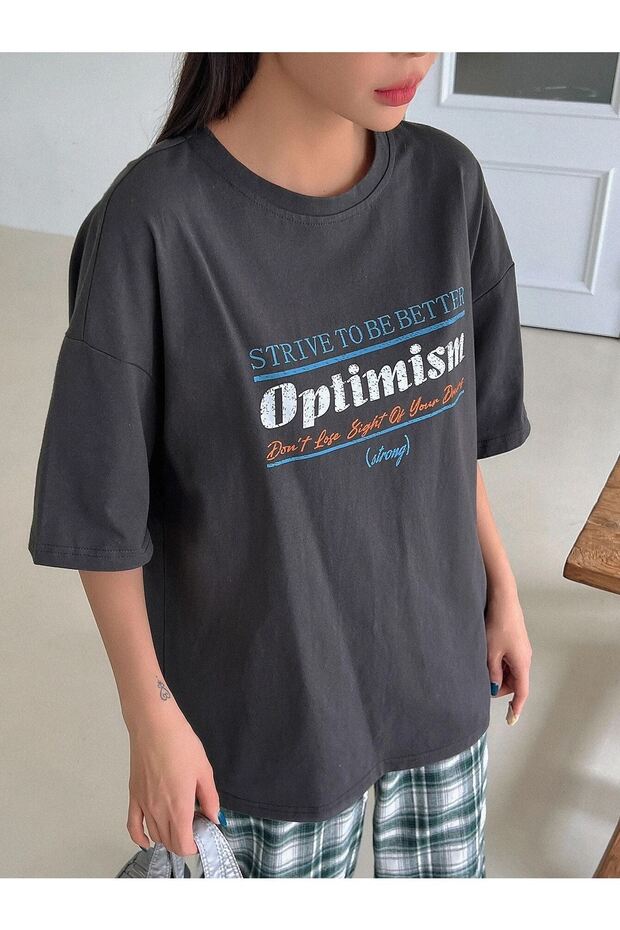 Füme Oversize Optimism T-shirt - Oversize Baskılı - 4