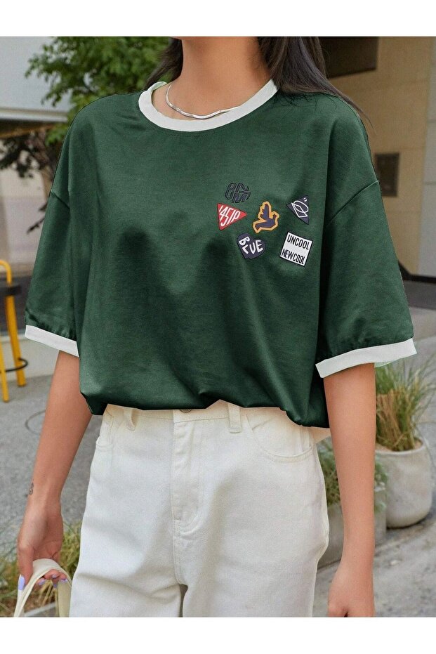 Uncool Nefti Green Body White Piping T-Shirt - Oversize Crew Neck Short Sleeve T-Shirt