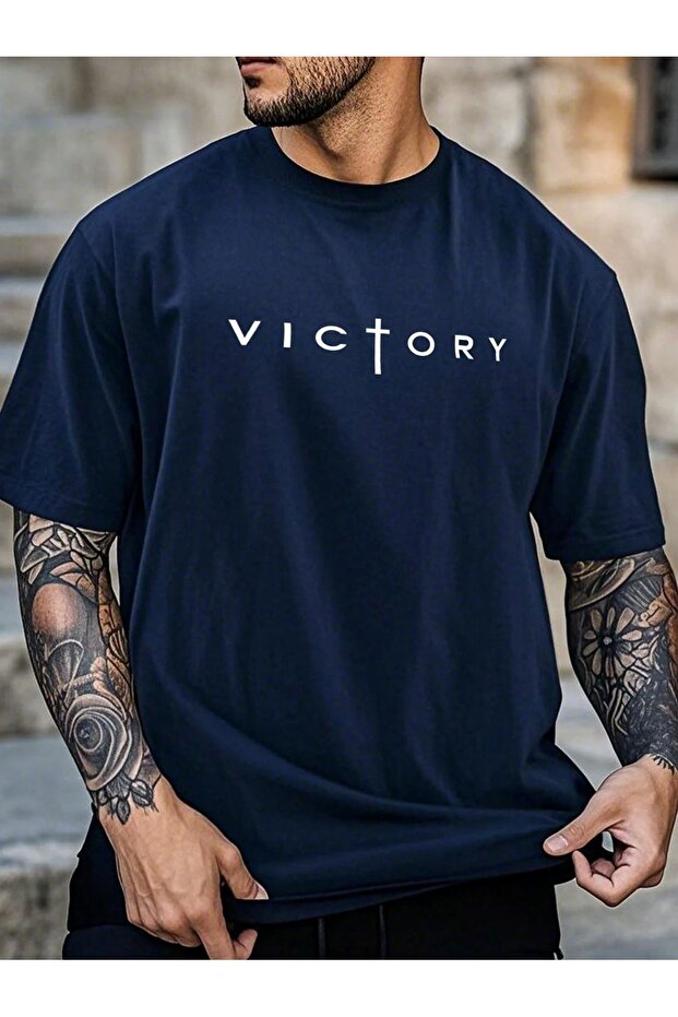 Victory Printed Single Jersey Navy Blue T-Shirt - Oversize Crew Neck T-Shirt