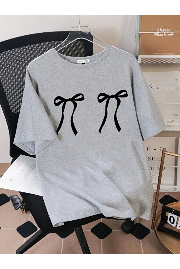 Black Ribbon Printed Single Jersey Gray T-Shirt - Oversize Crew Neck Short Sleeve T-Shirt