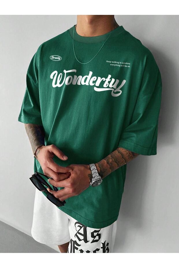 Wonderful Single Jersey T-Shirt - Nefti Green Printed Oversize Crew Neck T-Shirt