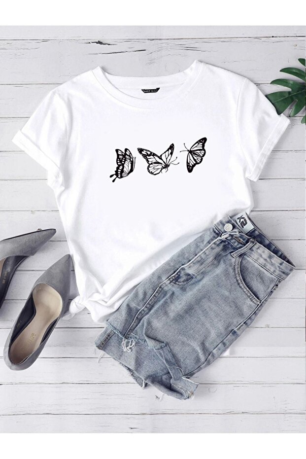 Flying Butterflies Single Jersey T-Shirt - White Printed Oversize Crew Neck Short Sleeve T-Shirt