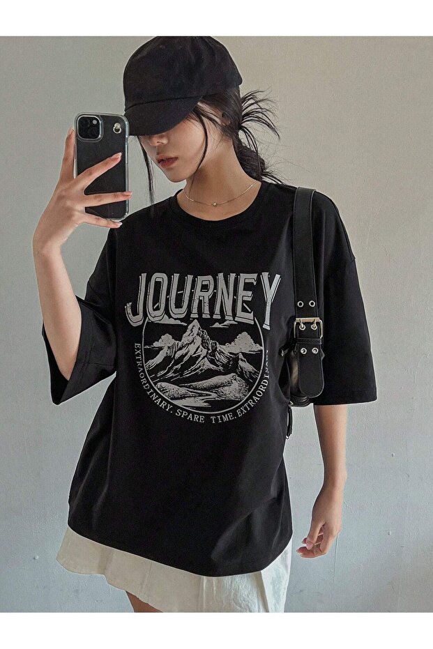 Journey Single Jersey T-shirt - Black Printed Oversize Crew Neck Short Sleeve T-Shirt