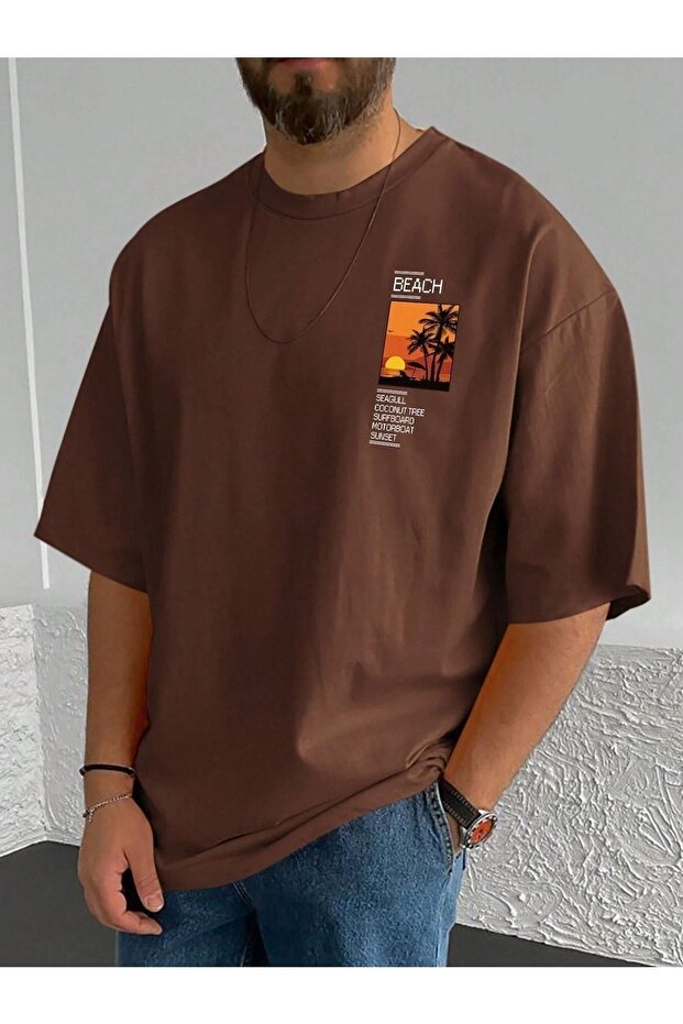 Beach Logo T-Shirt - Brown Printed Oversize Crew Neck Short Sleeve
