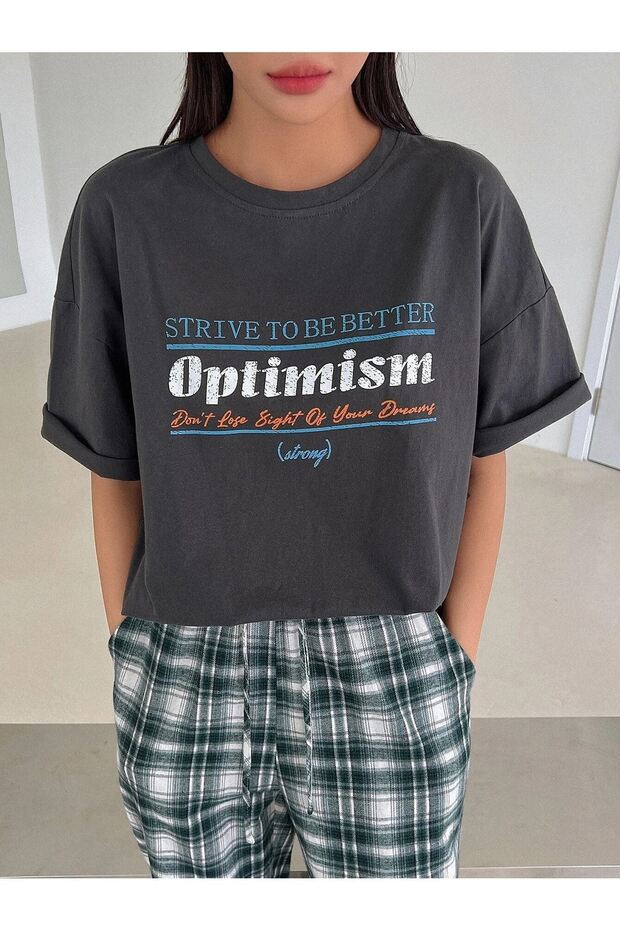 Füme Oversize Optimism T-shirt - Oversize Baskılı - 6