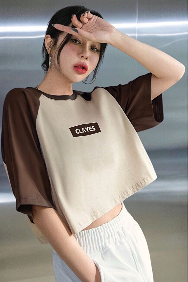 Logo Design Single Jersey Crop T-Shirt - Beige White Printed Oversize Crew Neck T-Shirt
