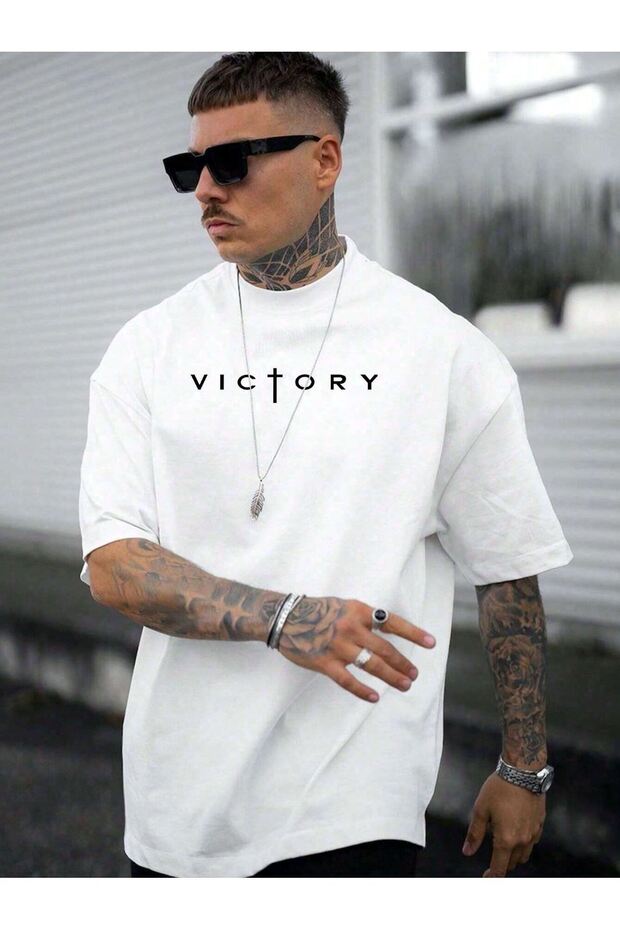 Victory Printed Single Jersey White T-Shirt - Oversize Crew Neck T-Shirt