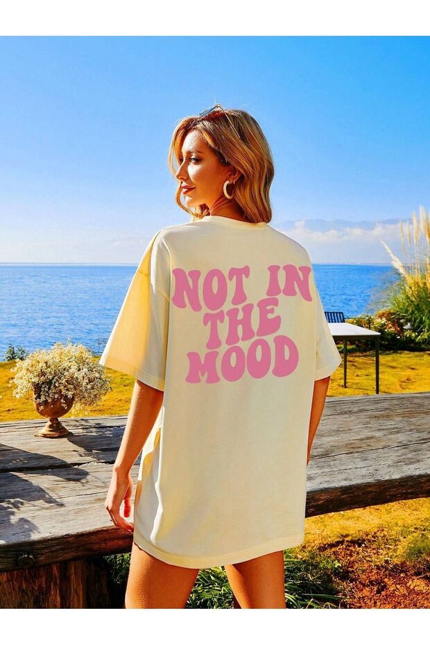 Not Mood Single Jersey T-Shirt - Beige Printed Oversize Crew Neck Short Sleeve T-Shirt