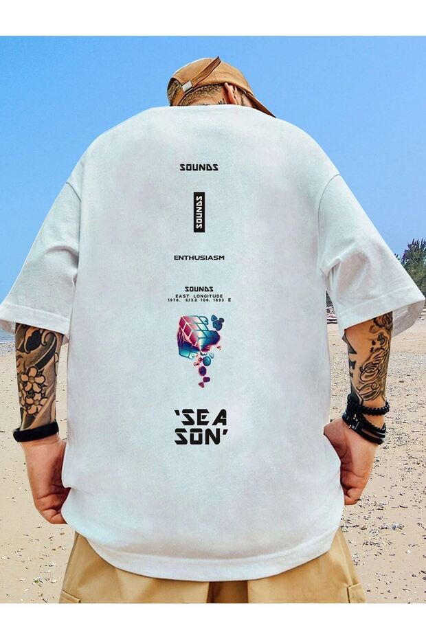 تي شيرت محبوك مطبوع باللون الأبيض مقاس كبير للرجال من Sea Son