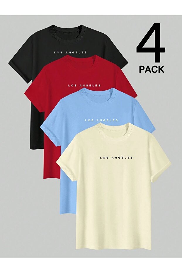 Minimal Losangeles Printed Tshirt 4 Pack Black Red Beige Baby Blue - Oversize T-Shirt Unisex
