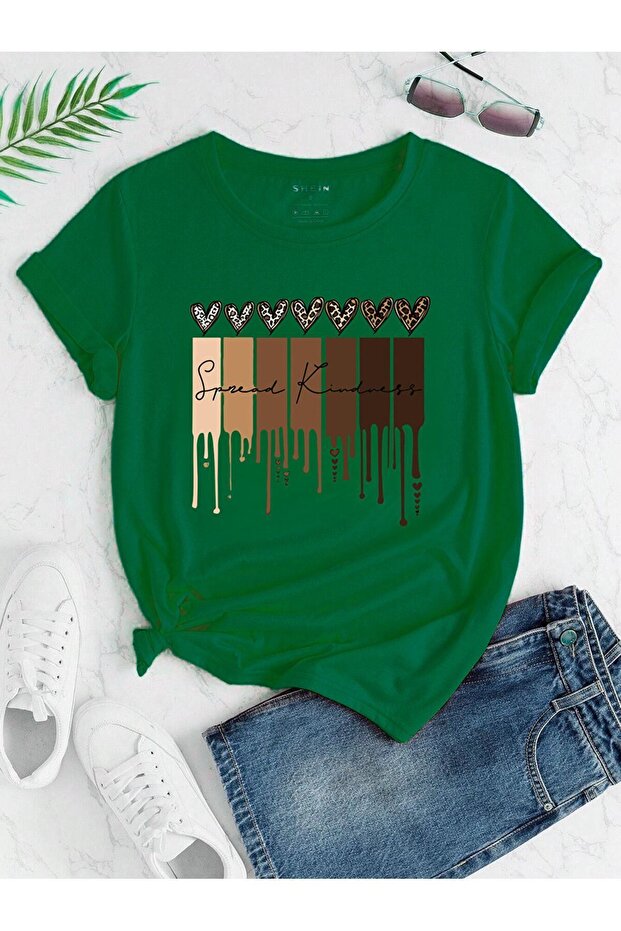 Leopard Pattern Hearts Single Jersey T-Shirt - Green Printed Oversize Crew Neck Short Sleeve T-Shirt
