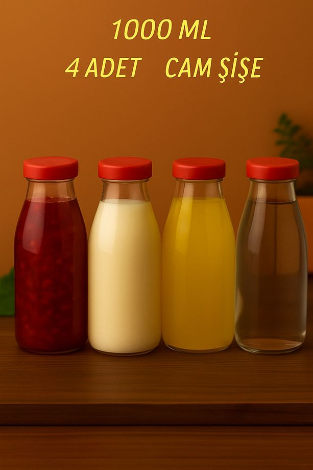 4 Adet 1 Litre Şeffaf Sürahi Süt, Ayran, Su, Limonata, Meşrubat Şişesi Plastik Kapaklı Cam Şişe - 1