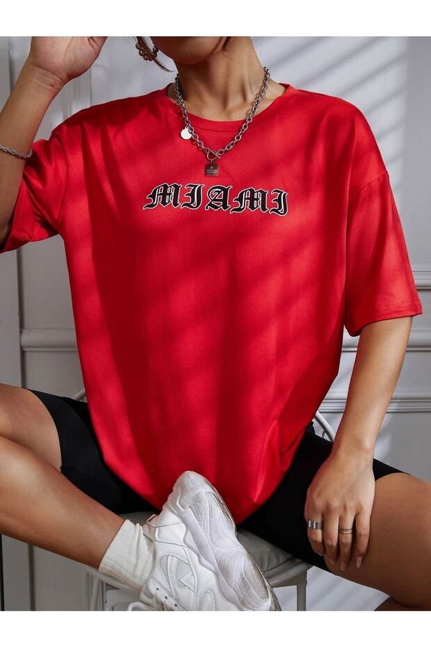 Miami T-shirt - Red Printed Oversize Crew Neck Short Sleeve T-Shirt
