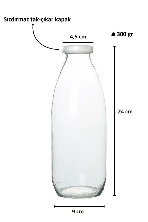 4 Adet 1 Litre Şeffaf Sürahi Süt, Ayran, Su, Limonata, Meşrubat Şişesi Plastik Kapaklı Cam Şişe - 4