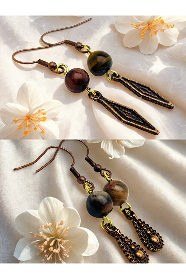 Tiger Eye & Rhodonite Natural Stone 2-Piece Earring Set with Dangle - Ornate - 5 cm - Baklava Drop Apparatus