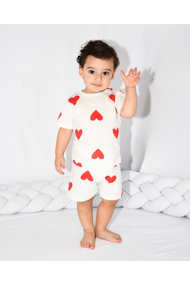 Anne Çocuk Kombin Pijama Takımı Kırmızı Kalp Desen Kısakol Şort (TEK TEK SATILMAKTADIR) - 3