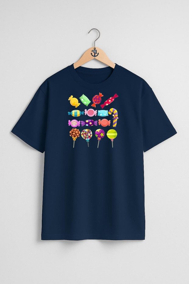 Oversize Various Colored Candies and Lollipops Chest Design Unisex T-Shirt